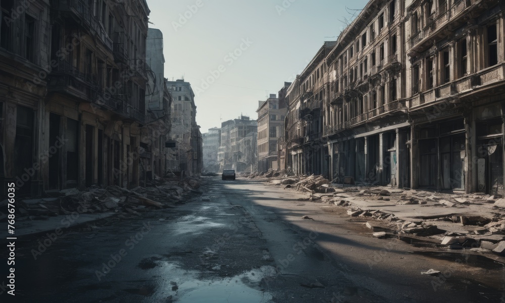Morning light washes over ruined streets, offering a stark contrast to the devastation around. The eerie calm suggests stories untold amidst the urban wreckage. AI generation