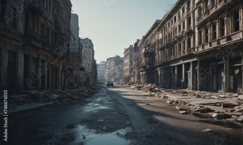 Morning light washes over ruined streets, offering a stark contrast to the devastation around. The eerie calm suggests stories untold amidst the urban wreckage. AI generation