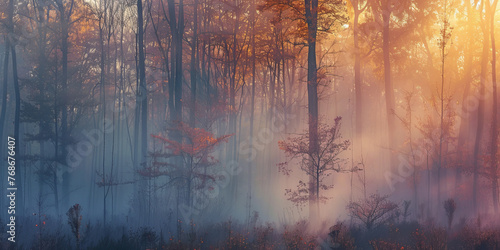An enchanting forest is bathed in golden sunrise light  filtering through the fog and trees