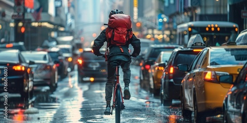 A man rides a bicycle in a busy city street