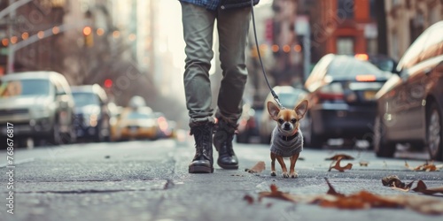 A person is walking a dog on a city street photo