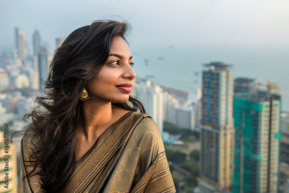 Young beautiful Indian woman in saree against view of the city.
Young beautiful Indian woman in saree against view of the city.