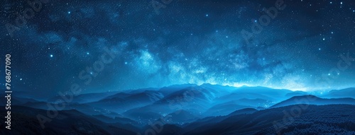 a panoramic night sky adorned with twinkling stars against a deep blue backdrop, perfect for creating a captivating starry background or celestial-themed banner. © lililia