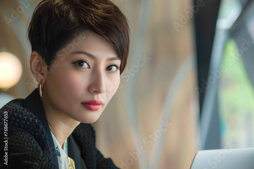 Beautiful asian woman using laptop in coffee shop, vintage tone  © PixelGallery