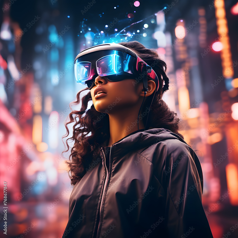 Smiling african woman with fashion sunglasses enjoying the cyber space city neon light .future virtual reality concept. Smiling african woman with fashion sunglasses enjoying the cyber space city neon light .future virtual reality concept.