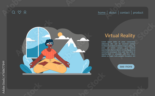 Virtual Reality concept. A serene figure in meditation harnesses VR to explore tranquil mountain scenes