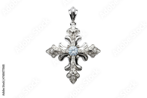 Sacred Elegance: Cross Pendant With Center Blue Stone. On a White or Clear Surface PNG Transparent Background.