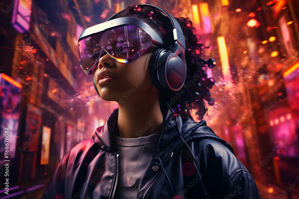 Smiling african woman with fashion sunglasses enjoying the cyber space city neon light .future virtual reality concept. Smiling african woman with fashion sunglasses enjoying the cyber space city neon light .future virtual reality concept.