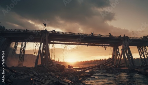 An evocative scene unfolds as the sun sets behind the ruins of a collapsed bridge  casting a warm glow over the scattered debris. The silhouette of a lone figure stands atop  contemplating the