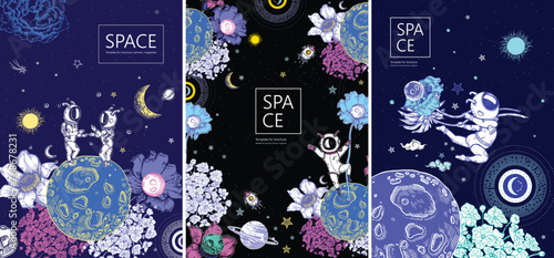 Set of space banners. Space background. Astronaut, flower and planet. Pixie in space.