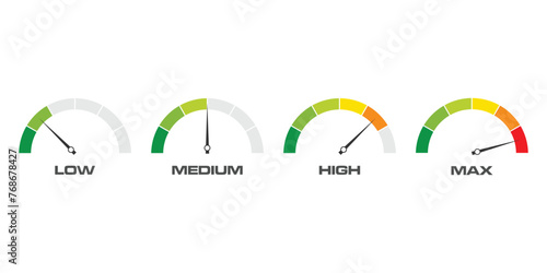 Gauge or meter indicator set.Progress performance chart. Vector illustration