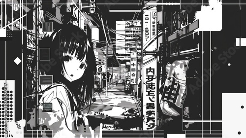 Cool grungy y2k anime manga collage set with a negative photocopy effect . Rough brutal elements for 90s vintage design. Ai generation.