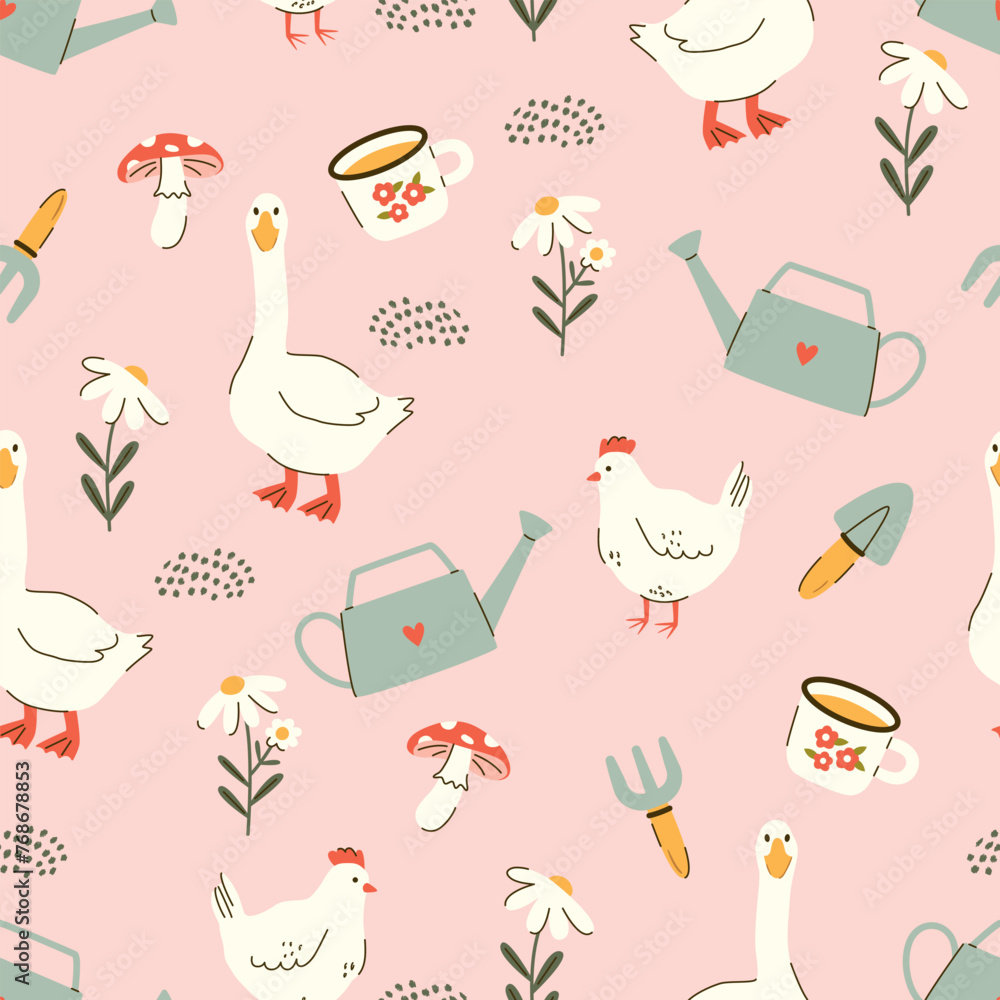 Seamless vector pattern with cute chicken, goose, gardening tools and flowers. Cottagecore background for nursery wallpaper, textile, bedding. Vintage farm and garden texture Seamless vector pattern with cute chicken, goose, gardening tools and flowers. Cottagecore background for nursery wallpaper, textile, bedding. Vintage farm and garden texture