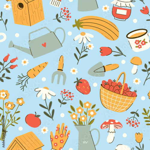 Seamless vector pattern with cute cottagecore illustrations. Spring and summer background. Gardening and farming texture. Wallpaper, wrapping paper, textile design