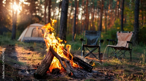 Beautiful bonfire with burning firewood near chairs and camping tent in forest. Campfire by a chairs and a tent. Generative Ai