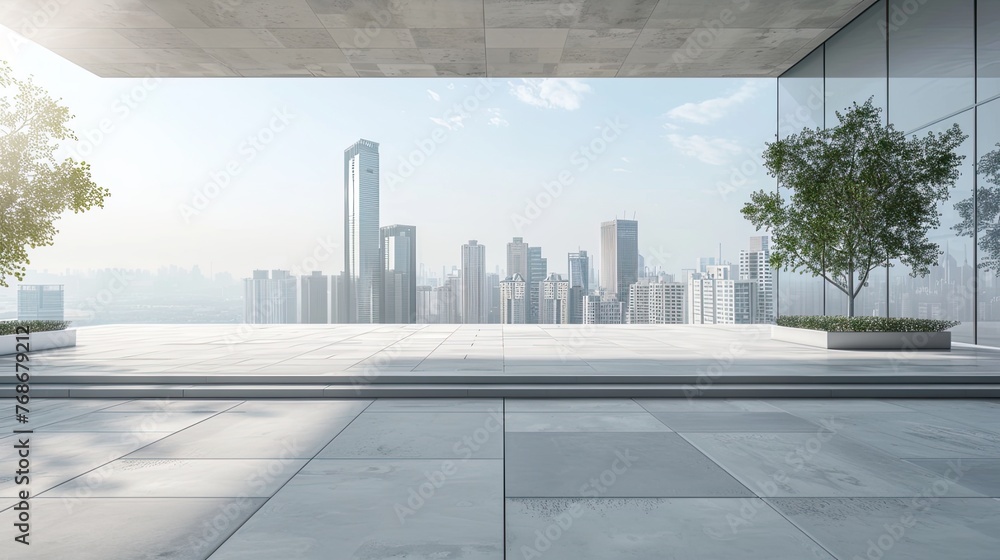 a spacious square floor amid modern urban surroundings, offering a versatile space for dynamic product presentations against the backdrop of architectural sophistication and city views.