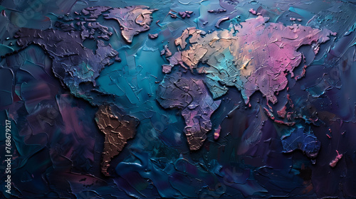 Abstract world map made of textured oil paint, moody dark colors #768679217