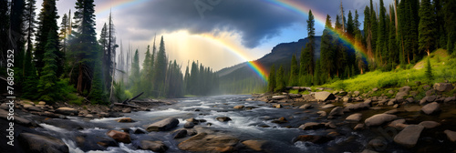 The Majestic Beauty of Nature: Focal Point End of the Rainbow Over a Tranquil River and Wild Forest