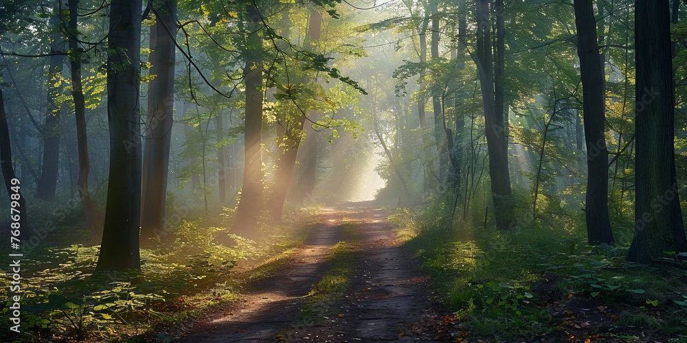 An enchanted forest path lit by the piercing morning light, signifying hope and new beginnings amidst nature
