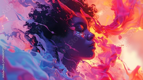 An evocative digital portrait of a woman's profile merged with vibrant, fluid ink splashes in a dynamic array of colors.