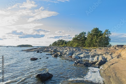 Rocky seascape view on the islet Pihlajaluoto in summer, Helsinki, Finland.