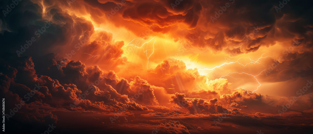 An incredible lightning storm dances across the sky, framed by dark clouds and illuminated with an orange glow, creating a captivating and dramatic scene.