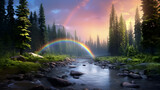 The Majestic Beauty of Nature: Focal Point End of the Rainbow Over a Tranquil River and Wild Forest
