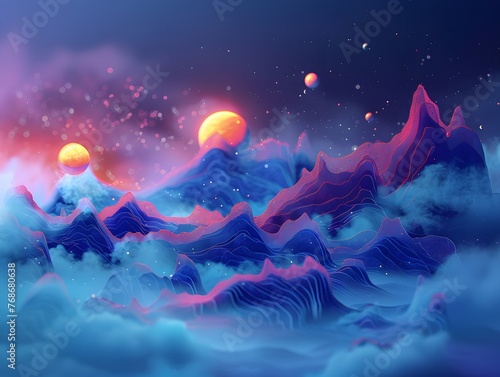 Dreamlike neon mountain range under a cosmic sky with floating celestial bodies, combining elements of fantasy and serene beauty.
