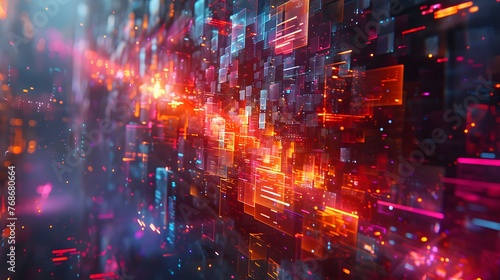 Abstract visualization of a dense data network grid, with glowing connections and vibrant energy pulses, symbolizing information technology and communication.