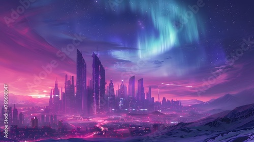 A snowy urban landscape at night is adorned with vibrant aurora, their dance mesmerizing against the backdrop of illuminated cityscapes and distant mountains.