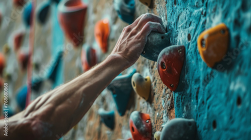 View of a man's hands clutching the handles on a climbing wall in a gym or climbing hall. Illustrating his strength and determination as he tackles the challenges of indoor climbing.