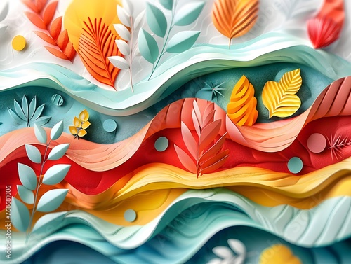 Featuring intricate leaf cutouts and flowing patterns, a colorful, multi-layered paper art piece depicts a wavy landscape in autumnal hues.