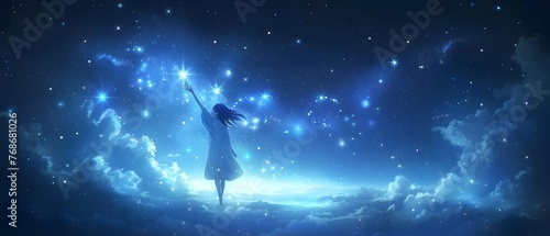 A surreal portrayal of a dreamer, arms raised towards the celestial tapestry of glistening stars above a tranquil sea of clouds.