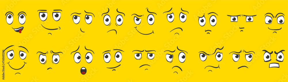 Cartoon faces. Expressive eyes and mouth, smiling, crying and surprised facial expressions of the character. Cartoon comic emotions or doodle emoticon. Set of icons isolated vector illustration.