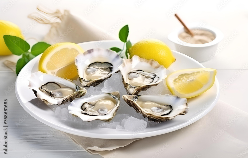 fresh oysters in shells on white plate with lemon slices on wood fresh oysters in shells on white plate with lemon slices on wood