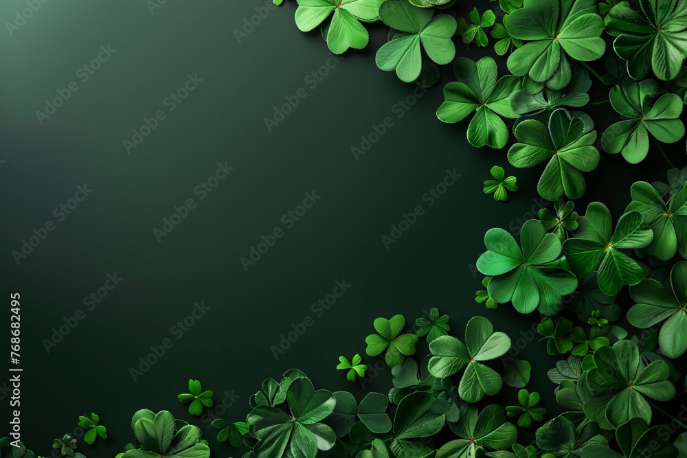 Clover leaves on green background. Three-leaved shamrocks. St Patrick Day holiday symbol. Template for design card, invitation, banner Clover leaves on green background. Three-leaved shamrocks. St Patrick Day holiday symbol. Template for design card, invitation, banner