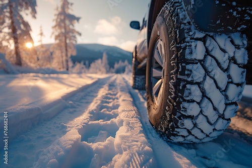 An automobile equipped with winter tires traversing a snow-covered roadway © Hamza