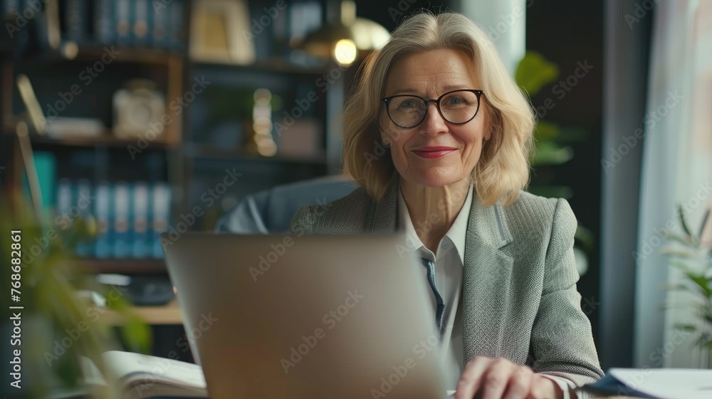Smiling mature middle aged business woman using laptop working on computer and checking CV interviewing distance applicant at desk. - obrazy, fototapety, plakaty 