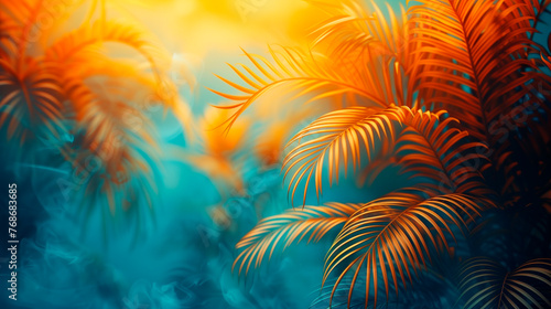 Palm leaves enveloped in a soft  dreamy blue haze evoking a tranquil vibe.