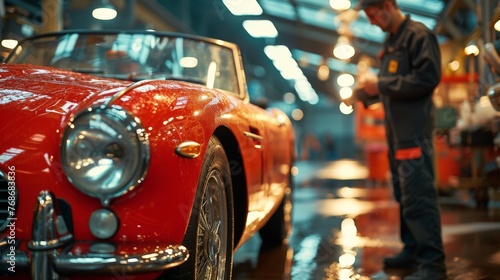 Man standing next to vintage red sports car in auto repair shop getting ready for maintenance