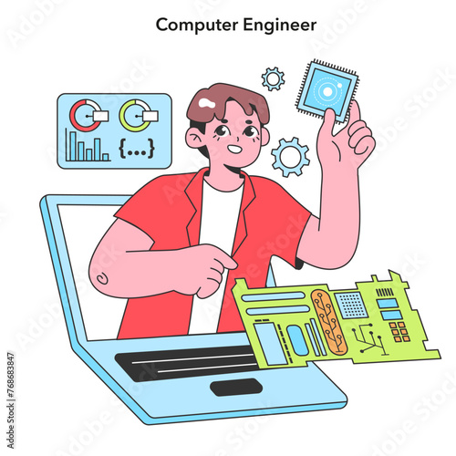 A Computer Engineer examines a microchip,