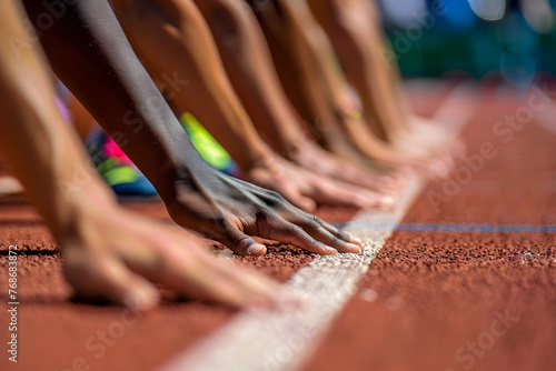 Close-Up von Händen von Sprintern an der Startlinie, Startaufstellung, 100m Lauf photo