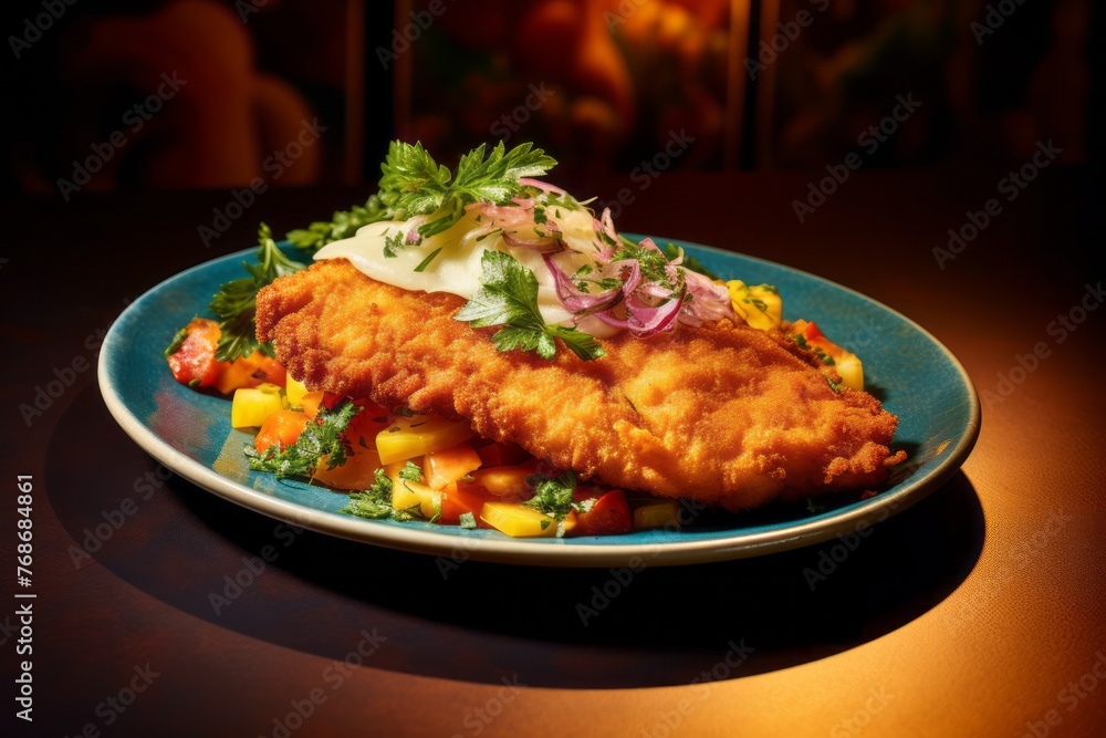 Exquisite schnitzel on a rustic plate against a colorful tile background Exquisite schnitzel on a rustic plate against a colorful tile background