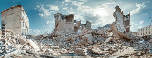 rubble piles, concrete debris, and shattered building elements set against a pristine backdrop, evoking a visceral sense of devastation. photo