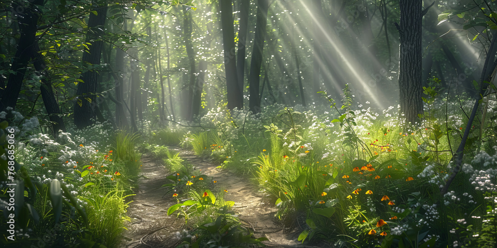 Obraz premium Radiant light shines upon a forest trail, highlighting vibrant wildflowers and lush vegetation