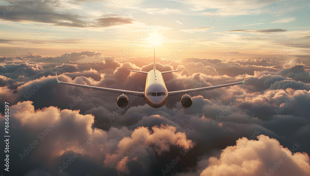 Big passenger airplane flying, beautiful sunset and cloudscape in the background. Above the clouds. - obrazy, fototapety, plakaty 