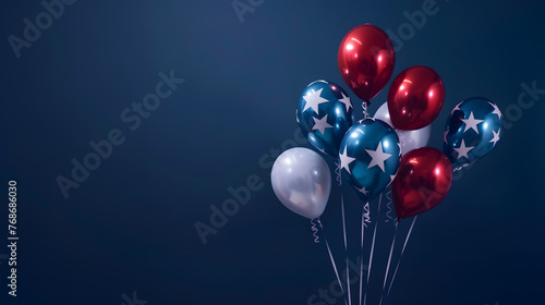 festive foil balloons in the colors of US flag, perfect for 4th July or President Day celebrations, dark blue background, patriotic events, party decor