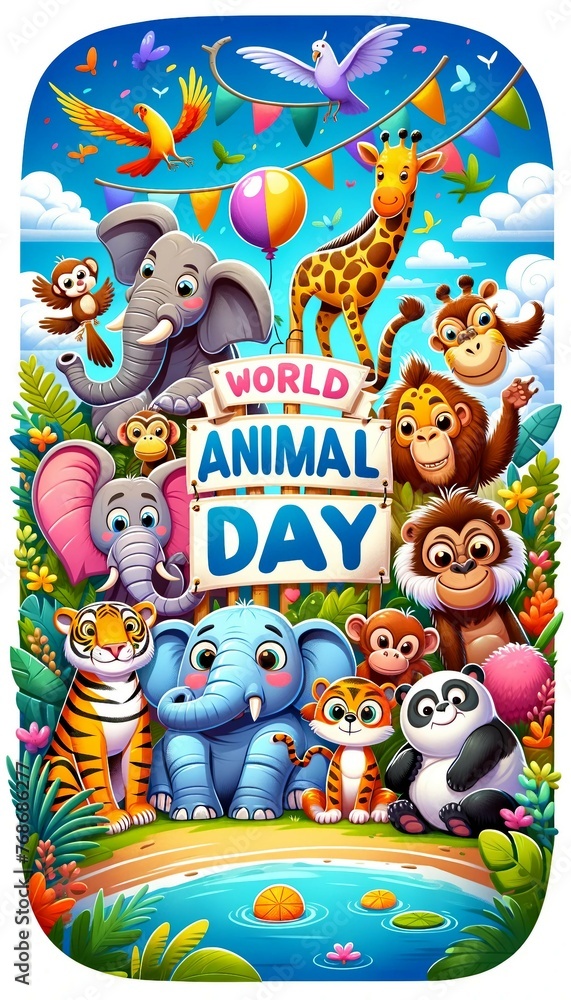 World Animal Day Celebration Cartoon Friends