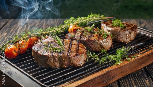 grilled steak with vegetables, wallpaper Grilled beef steaks with herbs and spices on a barbecue grill