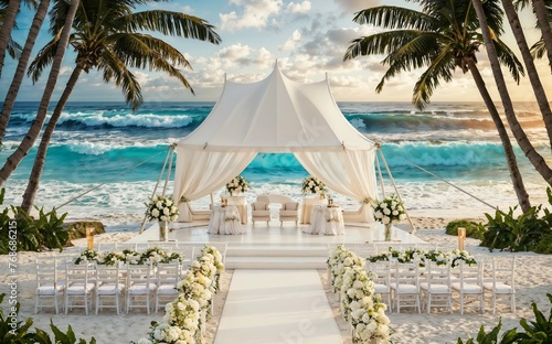 Place for wedding ceremony in white color  with white fireplace and chandeliers decorated with flowers and white cloth and wooden chairs for guests on each side sea beach outdoors